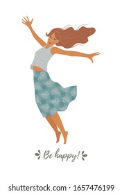 Be happy. Beautiful flat poster with happy jumping girl on white background for postcards design. Vector cartoon illustration