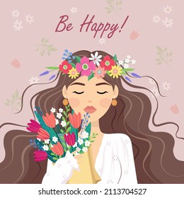 Be happy. Beauty, gift, love concept. Young woman girl with wreath cartoon hiding behind the bouquet of flowers tulips on pink background. womens day present illustration. March 8 Valentine's Day