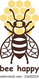Be happy bee happy sign sketch with honeycomb swatch vector illustration