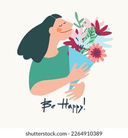 Be Happy, Birthday greeting card design. Young woman with a bouquet of flowers and handwritten signature Happy Birthday on a bright background. Template for IG, web, postcard, social network