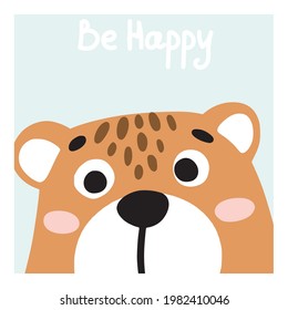 Be Happy cute brown bear cartoon poster,  vertical card for baby room. Scandinavian minimalist style poster for baby concept in nursery room. Flat vector illustration