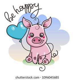 Be happy. Cute cartoon baby pig with balloon. Vector illustration