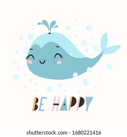 be happy cute poster with whale for kids, vector postcard, print, sea fish