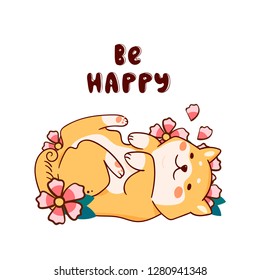 Be happy. Cute Shiba Inu laying on back with flowers. Hand drawn vector illustration