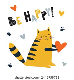 Be happy. Funny and cute red cat with text vector. Cartoon cats characters design collection with flat color in different poses. Set of funny pet animals on white background.