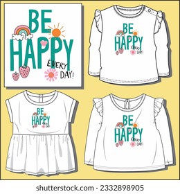 SEA FELIZ DISEÑO GRÁFICO CON VARIAS NIÑAS BEBÉS MOCK UP FRILL FULL SLEEVE T SHIRT, VESTIDO DE PIEL, TIPOS DE MANGUITO COMPLETO ILUSTRACIÓN VECTOR