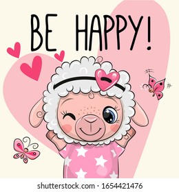 Be Happy Greeting card Cute Cartoon Sheep with hearts