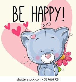 Be Happy Greeting card Cute with hearts and a flower
