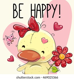 Be Happy Greeting Card Cute Duckling With Hearts And A Flower