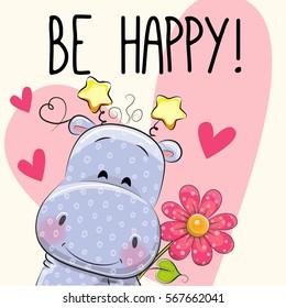 Be Happy Greeting card Cute Hippo with hearts and a flower