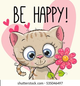 Be Happy Greeting card Kitten with hearts and a flower