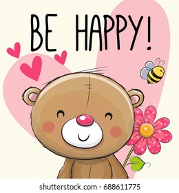 Be Happy Greeting card Teddy Bear with hearts and a flower