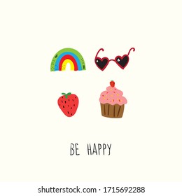 Be Happy. Hand drawn doodle pre made logo in cartoon style and flat design. 