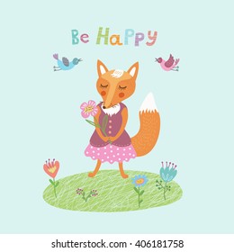 Be happy inscription.Image of cute fox in a flat, cartoon style, birds and flowers on blue background.