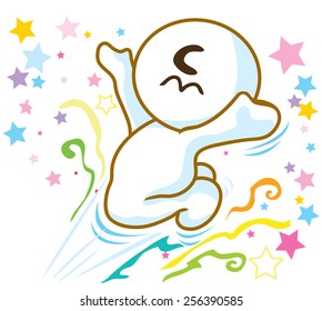 Be happy jumping happy time or celebration have star and ribbon many color, He is pantomime, Cartoon vector character design cute and funny background white color.