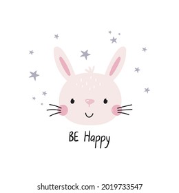 Be happy lettering. Cute little buny - vector illustration. Fun print for baby with character Bunny.