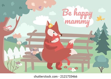 Be happy mother concept background. Greeting holiday card with animals. Cute bear family, father and son give bouquet to mother in spring forest or park.Vector illustration in flat cartoon design