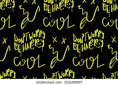 Be happy slogan text and smiling happy emoji face drawing. Seamless pattern repeating texture background design for fashion graphics, textile prints, fabrics.