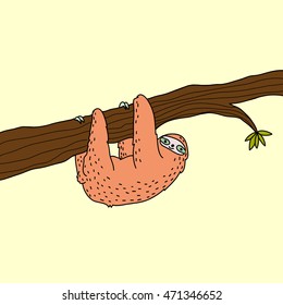 Be Happy. Sloth hanging on tree branch . Cute cartoon character.