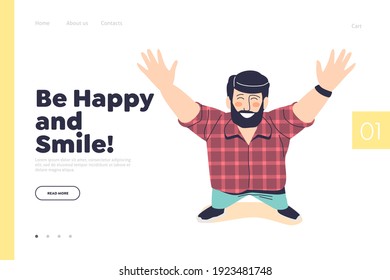 Be happy and smile concept of landing page with cheerful man looking up, top view from above of young cartoon hipster guy smiling excited and holding hands up. Flat vector illustration