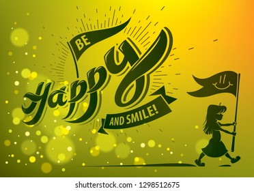 Be Happy vector design for greeting card with walking boy silhpuette. Includes beautiful lettering composition placed over blurred colorful abstract background.