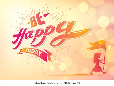 Be Happy vector greeting card with walking boy silhpuette. Includes beautiful lettering composition placed over blurred colorful abstract background. Square shape format with CMYK colors