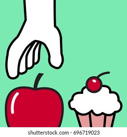 Be healthy By Choosing Healthy Apple Rather Than Unhealthy Cupcake Concept Card Character illustration