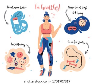 Be healthy. Drink more water. Young woman in yoga pants smiling. Concept of various healthcare icons. Set of illustrations about sport, diet and health. Stylish hand drawn infographic about beauty
