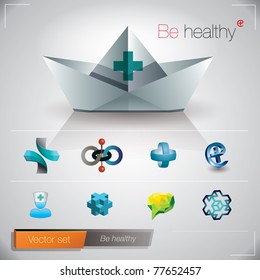 Be healthy. Healthcare icon set. Containing treatment, prevention, medical, health, diagnosis, report, illness, injury and more. 3D vector icons collection