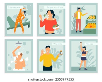 Be healthy motivational cards. Daily morning exercises, proper nutrition, fresh food, regular sports and fitness, vitamins, posters design, flyer and banners, cartoon isolated vector set