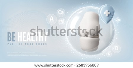 Be healthy protect your bones 3D vector banner. Knee joint in protective sphere and shield with cross. Medical treatment and vitamins supplement. Prevention orthopedic healthcare