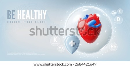 Be healthy protect your heart 3D vector banner. Heart with arteries in protective sphere and shield with cross. Medical treatment and vitamins, healthcare. Prevention circulatory system internal organ