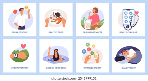 Be healthy. Taking body care. Useful habits. Disease prevention. Regular check up. Physical activity. Positive thinking. Diet food and vitamins. Persons wellbeing. Garish