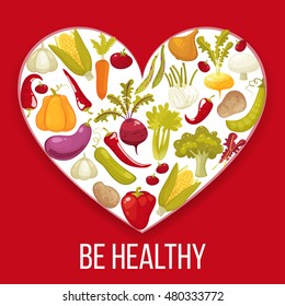 Be Healthy. Vegetables diet advertisement poster with heart shaped assortment of pumpkin ,tomato,potato,eggplant,broccoli,carrot. Cartoon flat style vector illustration.