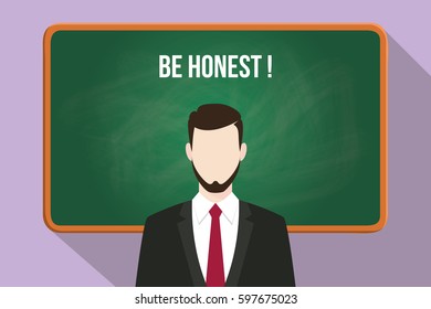 be honest white text illustration with a beard man wearing black suit standing in front of green chalk board