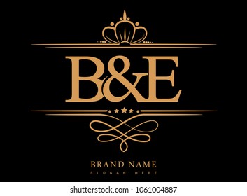 B&E Initial logo, Ampersand initial logo gold with crown and classic pattern