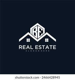 BE initial monogram logo for real estate with creative roof and home image design