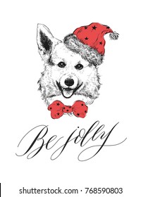 Be Jolly - lettering and dog. Christmas card.