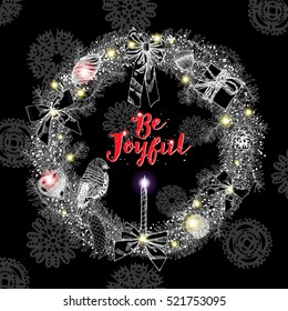 Be Joyful Christmas red lettering design on black backgrounds with lights. Vector.