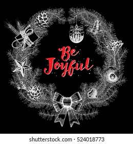 Be Joyful Christmas red lettering design on black backgrounds with lights. Vector.