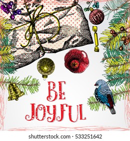 Be Joyful, Merry Christmas holiday mood poster. Calligraphy on handdrawn background.