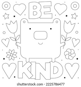 Sé amable. Colorido de la página. Ilustración vectorial en blanco y negro de un oso con flores