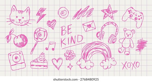 Be Kind – cute doodle elements. Hand drawn sketch icons in playful notebook style. Kawaii symbols, toys, sweets and love for stickers, kids design, posters, apparel, journals and social media.
