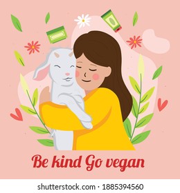 Be kind Go vegan hand drawn vector illustration. A girl hug goat with love and go vegan