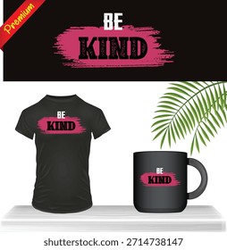Impresión de tipografía de texto "Be Kind" con pincelada rosa en camiseta, taza y Anuncio negros. Maqueta de Mercancía de mensajes positivos con Vector de hoja verde aislado sobre fondo transparente.