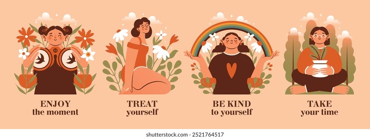 Sé amable contigo mismo. Día Mundial de la Salud Mental. Colección de insignias con mujeres felices, que se sientan en la meditación de la atención plena, observando a los pájaros, sosteniendo el arco iris y la maceta. Linda persona femenina ingenua