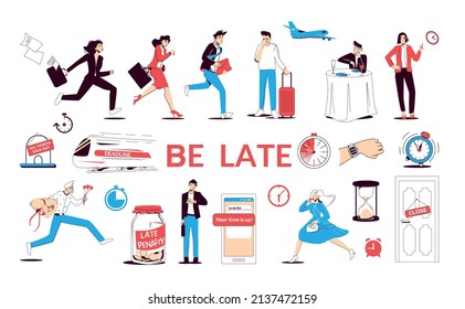 Be late set with flat isolated icons of deadline clocks with people running out of time vector illustration