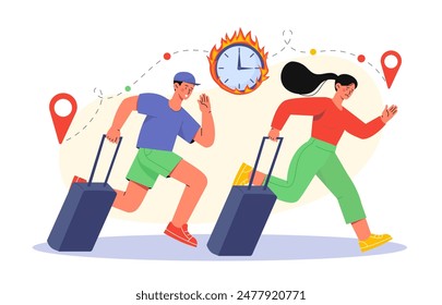 To be late woman. Man and woman with briefcase runs beside burning clock. Poor time management, rushed tourists and travelers. Cartoon flat vector illustration isolated on white background