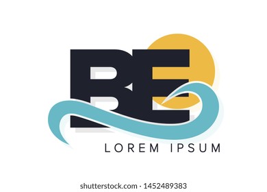 BE letter logo with ocean waves and sunset. Beach concept design