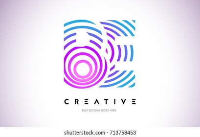 BE Lines Warp Logo Design.Vector Letter Icon Made with Purple Circular Lines.